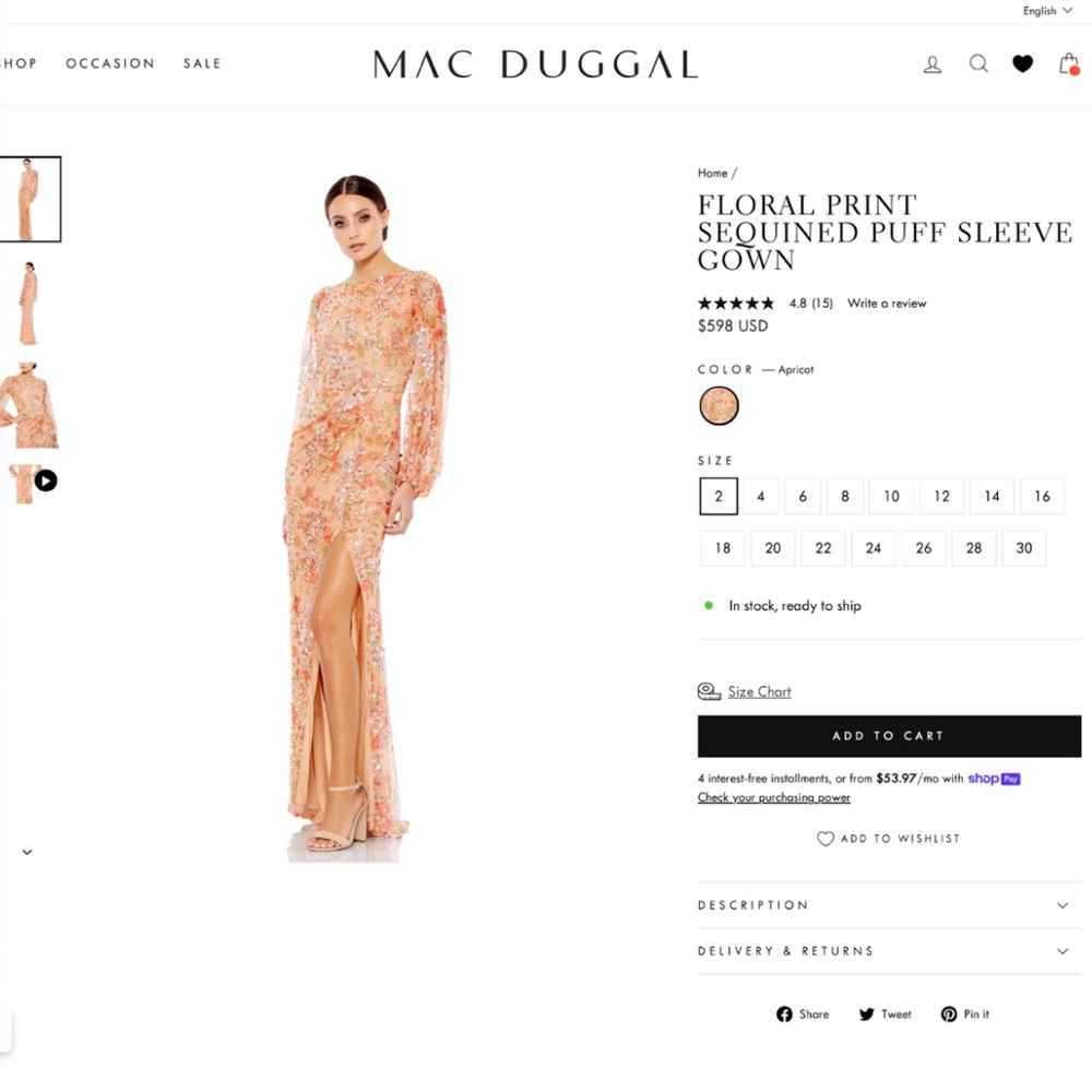 Mac Duggal Floral Maxi Long Sleeve Dress in apricot & sequin size 12 new women’s - Picture 12 of 12